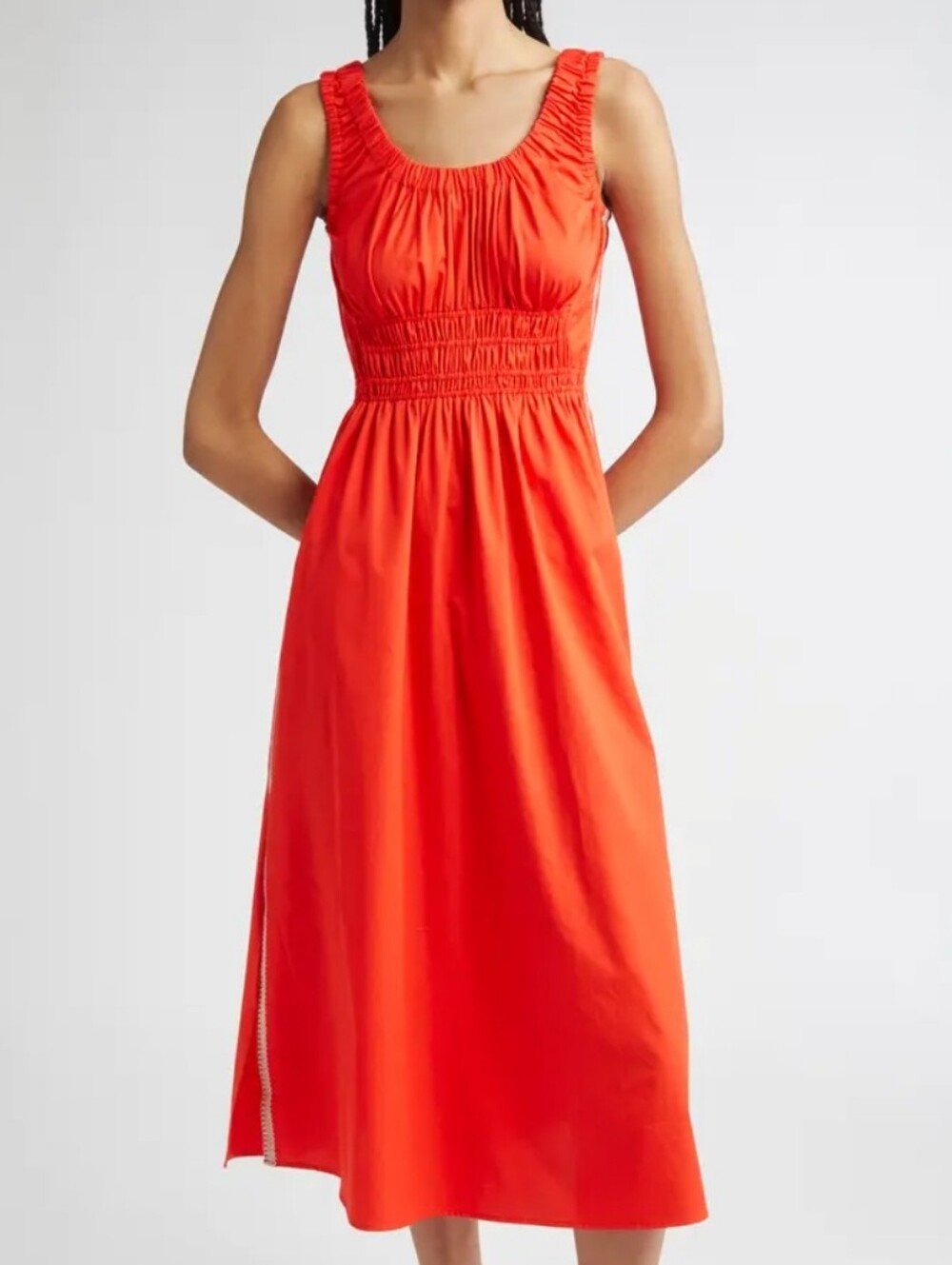 Reiss Red/Orange Smocked-Waist Cotton Midi Dress, Size 12